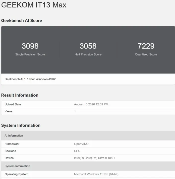 GEEKOM IT13 Max Geekbench AI OpenVINO CPU GEEKOM IT13 Max Geekbench AI OpenVINO CPU
