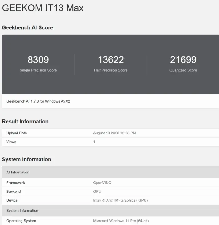 GEEKOM IT13 Max Geekbench AI OpenVINO GPU GEEKOM IT13 Max Geekbench AI OpenVINO GPU