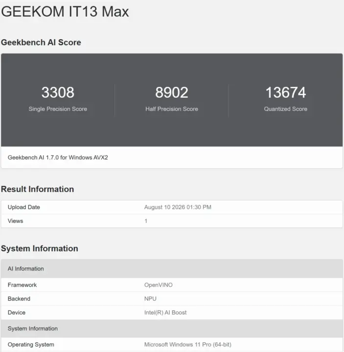 GEEKOM IT13 Max Geekbench AI OpenVINO NPU GEEKOM IT13 Max Geekbench AI OpenVINO NPU