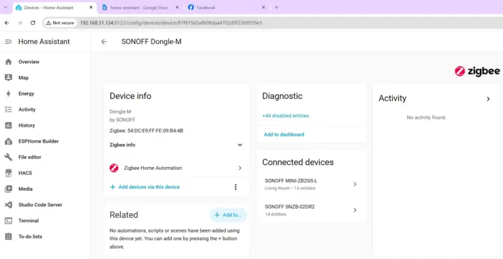 Home Assistant Zigbee Home Automation SONOFF SWV ZF2