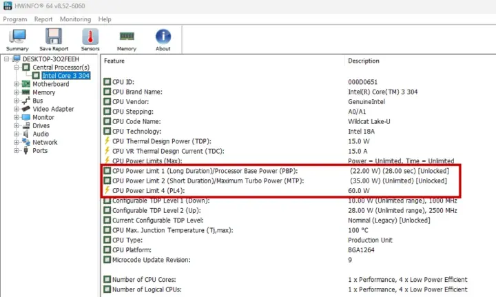 Intel Core 3 304 mini PC PL1 PL2 PL4 power limits