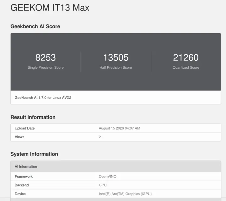Intel Core Ultra 9 185H Geekbench AI 1.7 OpenVino GPU Intel Core Ultra 9 185H Geekbench AI 1.7 OpenVino GPU