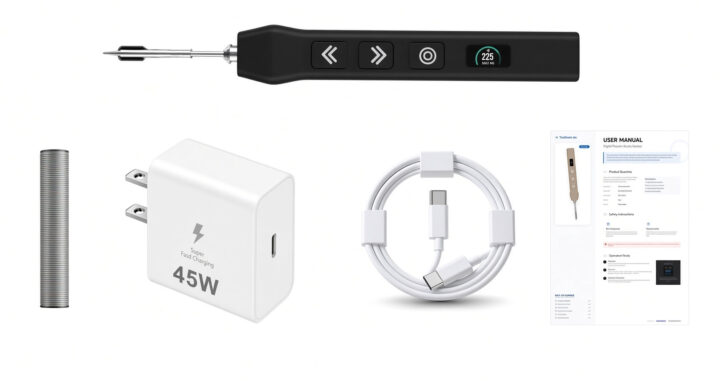 ชุด Spark Solder ประกอบด้วยหัวแร้ง ตลับลวดบัดกรี สาย USB-C อะแดปเตอร์จ่ายไฟ และคู่มือการใช้งาน