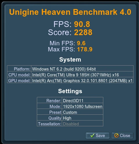 Unigine Heaven Benchmark 4.0 Intel Arc Graphics Core Ultra 9 185H Unigine Heaven Benchmark 4.0 Intel Arc Graphics Core Ultra 9 185H