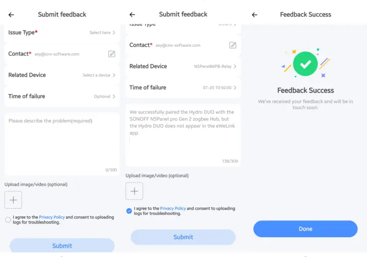 eWeLink app submit feedback