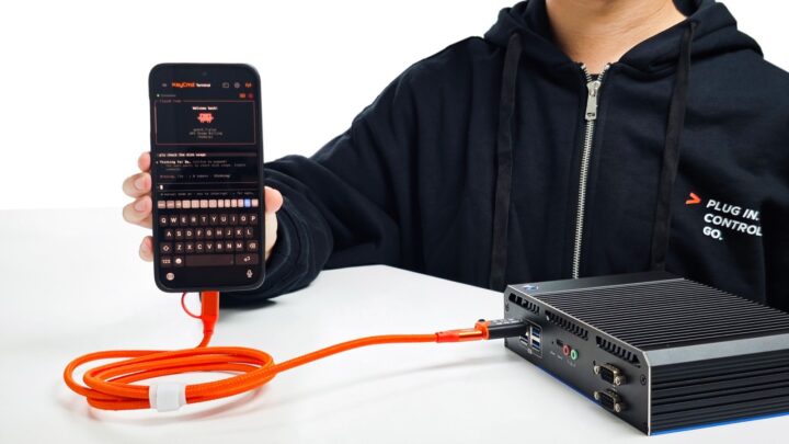 connects a phone to a mini PC for terminal access and remote control