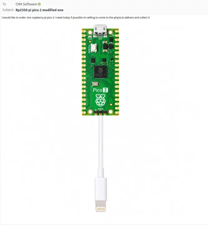 บอร์ด Raspberry Pi Pico 2 ที่ต่อกับสาย Lightning ของ Apple