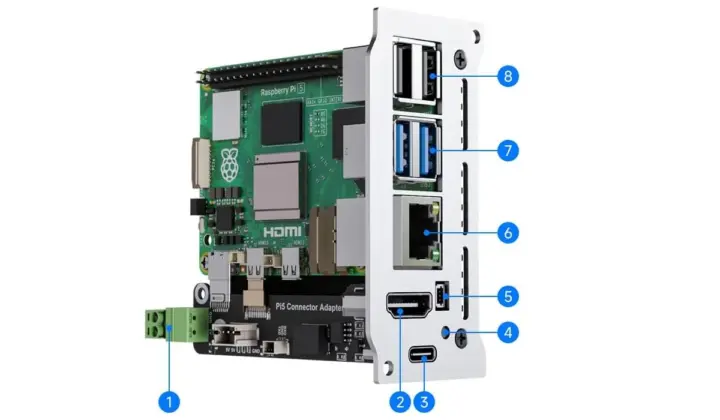 รายละเอียดของบอร์ด Pi 5 Connector Adapter ใน Waveshare PiRack M6F