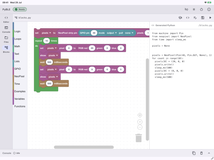 แอป PyBLE ในโหมดแนวนอน: บล็อก NeoPixel GPIO 48 ข้างโค้ด MicroPython ที่สร้างขึ้น