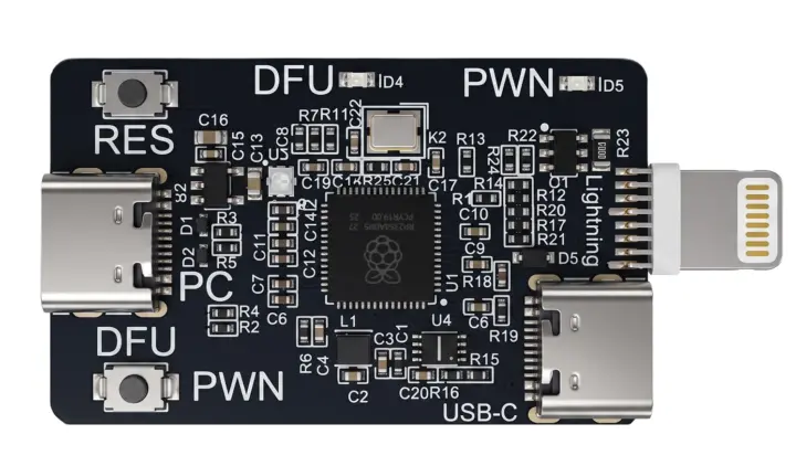 บอร์ด Raspberry Pi RP2354A พร้อมขั้วต่อ Lightning สำหรับช่องโหว่ usbliter8