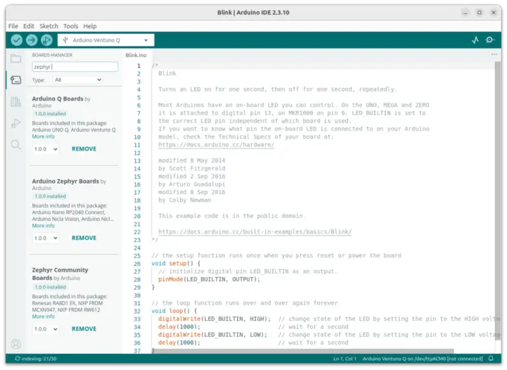 ภาพหน้าจอ Arduino IDE แสดงบอร์ด Zephyr 1.0.0