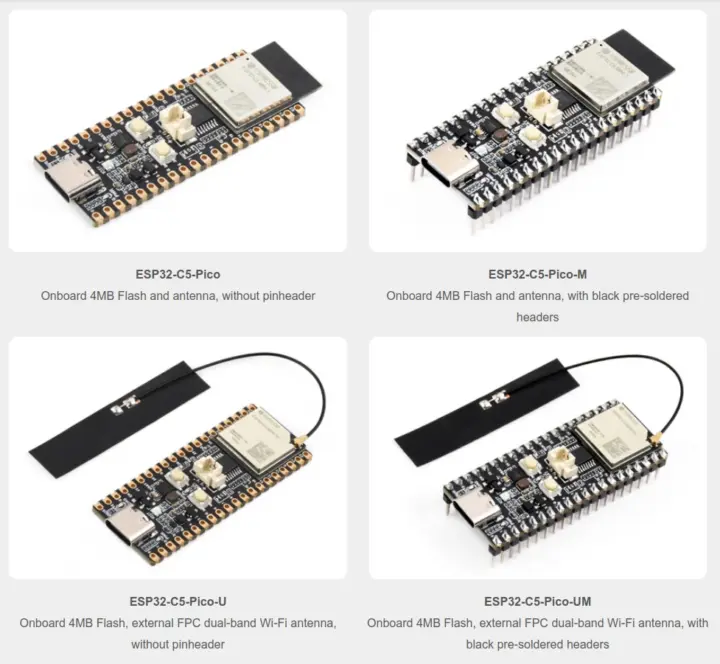 ESP32-C5 Pico รุ่นเสาอากาศและขั้วต่อแบบต่างๆ