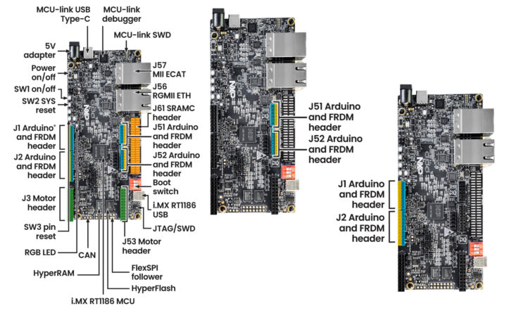 FRDM-IMXRT1186 development board showing the main interfaces, connectors, memory, and expansion headers.