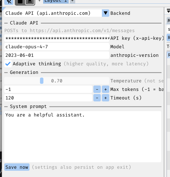 FREE WILi GUI settings for connecting to the Claude API and configuring the AI model
