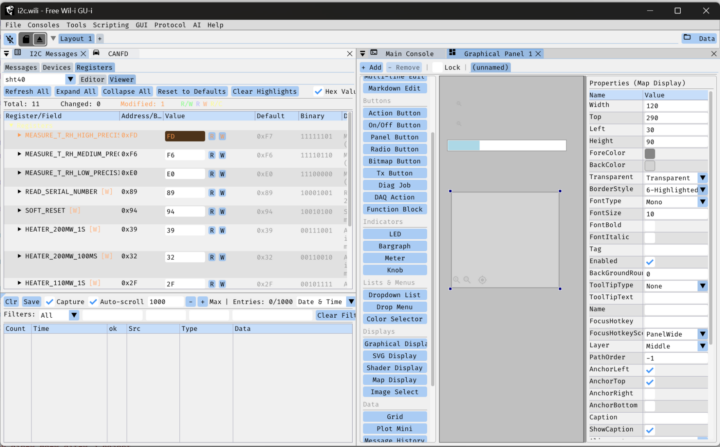FREE WILi GUI showing I2C device registers and graphical panel controls