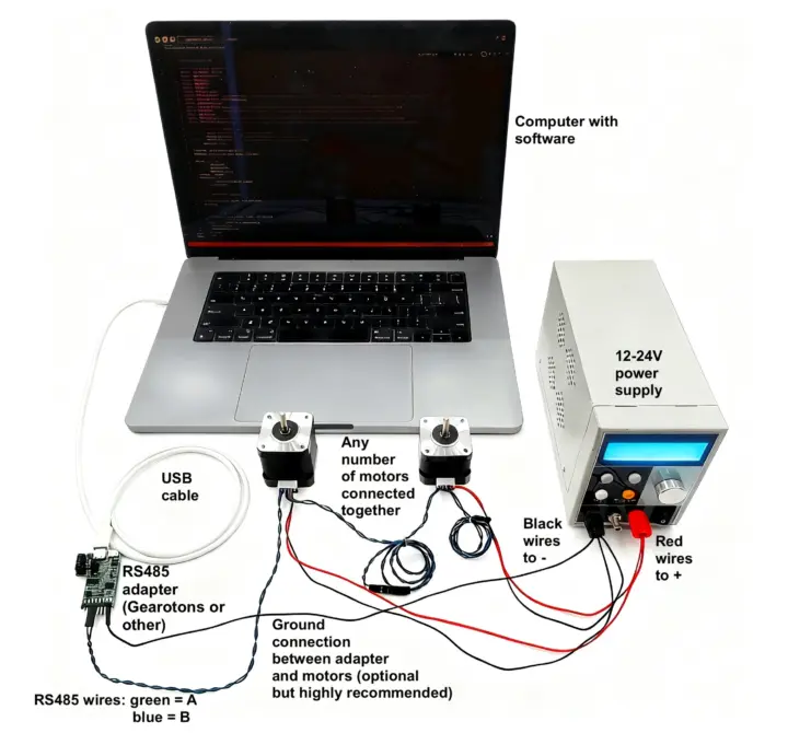 มอเตอร์เซอร์โว NEMA 17 ต่อกับ RS485 คอมพิวเตอร์ และเพาเวอร์ซัพพลาย