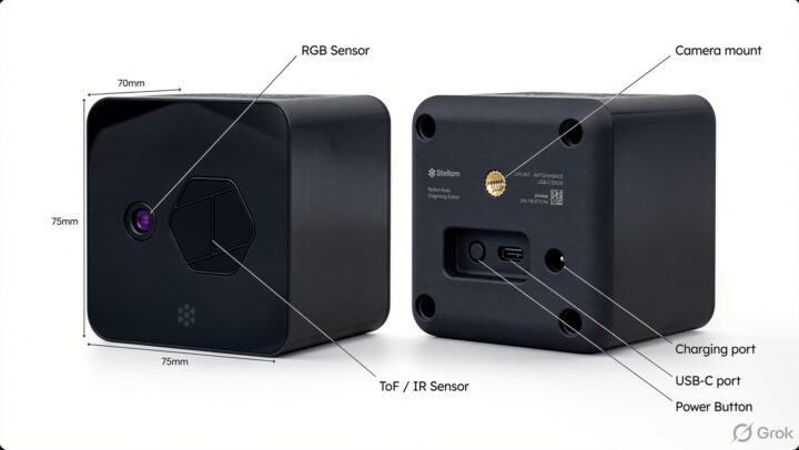 ขนาดและพอร์ตเชื่อมต่อด้านหลังของ Soulart Station รวมถึง USB-C, พอร์ตจ่ายไฟ และจุดติดตั้ง