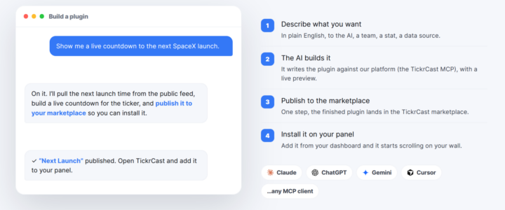 TickrCast ให้ผู้ใช้สร้างและเผยแพร่ปลั๊กอินแสดงผลเองด้วย AI และไคลเอนต์ MCP แล้วติดตั้งลงบนจอ LED ได้โดยตรง