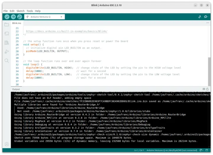 ตัวอย่างการคอมไพล์โปรเจกต์ Blink ของ Zephyr สำหรับบอร์ด Arduino Ventuno Q