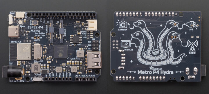 ด้านบนและด้านล่างของบอร์ด Adafruit Metro ESP32-P4 Hydra
