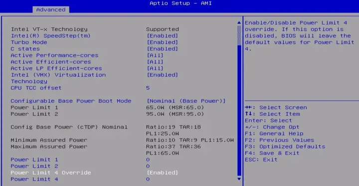 การตั้งค่าขีดจำกัดพลังงานใน BIOS