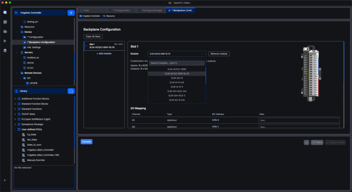 หน้าจอ Backplane Configuration สำหรับเลือกโมดูลในแต่ละสล็อตและการแมป I/O