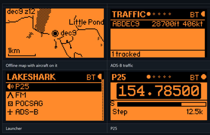 แอป Flipper ของ LakeShark แสดงตัวเรียกใช้งาน เครื่องสแกน P25 การจราจร ADS-B และแผนที่เครื่องบินออฟไลน์