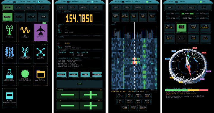 อินเทอร์เฟซ LakeShark แสดงตัวเรียกใช้งานหลัก เครื่องรับ P25 กราฟน้ำตก RF และการหาทิศทางตัวส่งสัญญาณด้วยเข็มทิศ