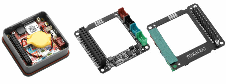 ฮาร์ดแวร์ภายในของ M5Stack ToughC5 แสดงแผงวงจรหลักและบอร์ดขยายที่มี I2C, GPIO, UART และ RS485