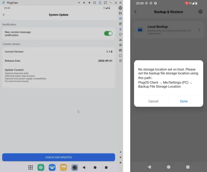 PlugMate หน้าจออัปเดต FW 1.1.8 (ซ้าย); Local Backup ขอตำแหน่งจัดเก็บบนฝั่งโฮสต์ (ขวา)