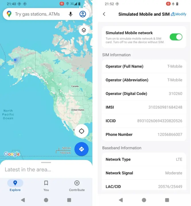 Google Maps ใน PlugOS ปักหมุดที่อะแลสกา (ซ้าย); ตัวแก้ไขซิมจำลอง (ขวา)