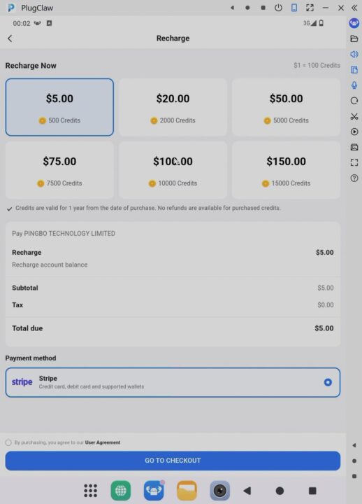 $1 = 100 เครดิต, Stripe