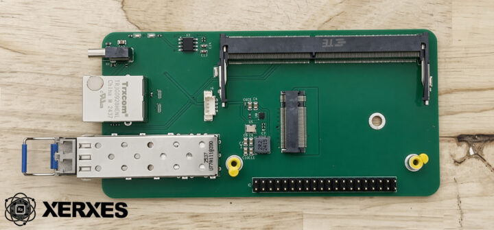 Xerxes nano carrier board showing Ethernet, SFP, and compute module connectors